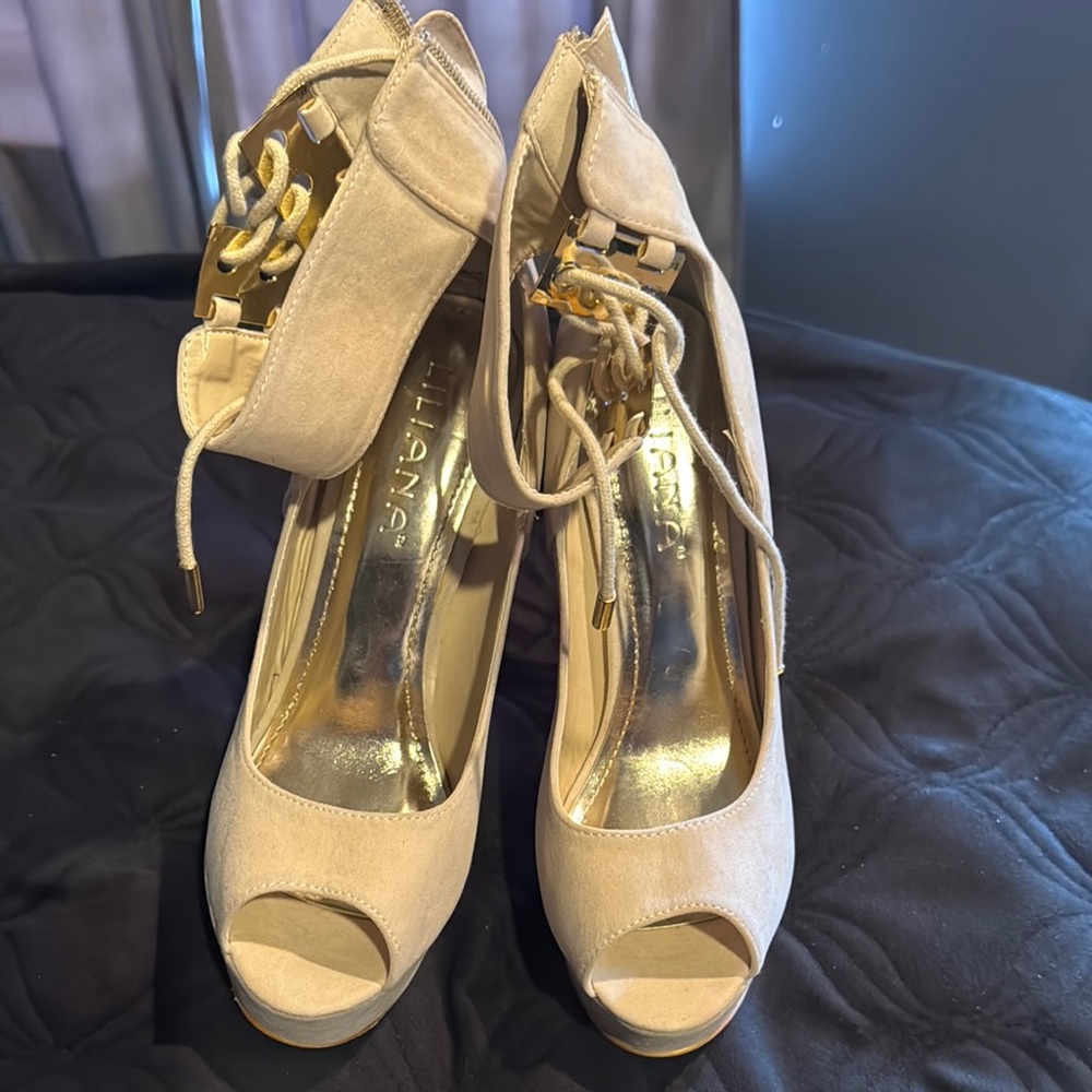 Liliana Cream Peep-Toe Heels with Gold Accents